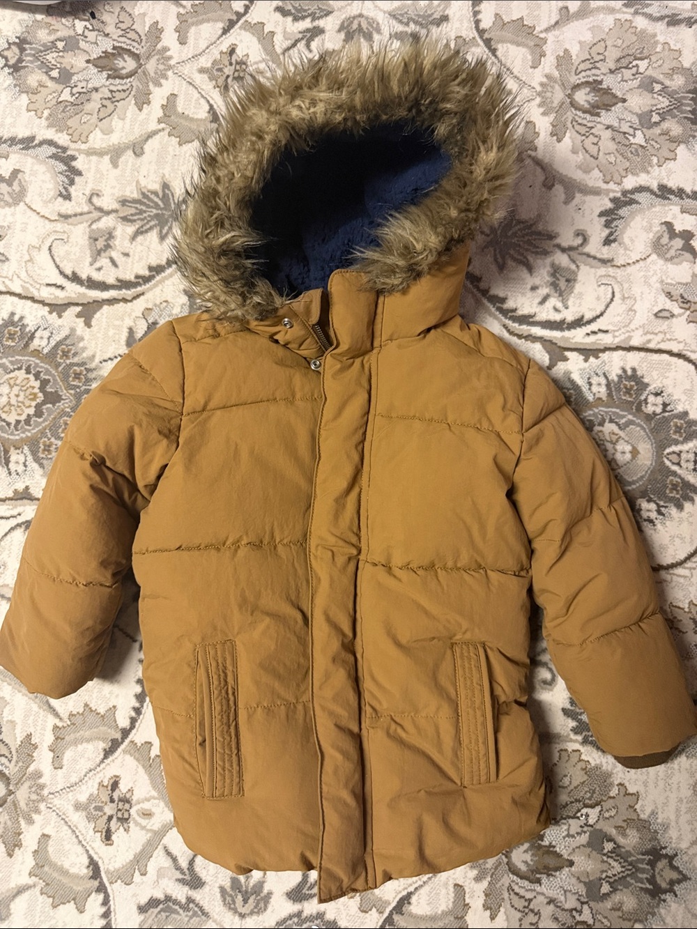 The children’s Place Kids Tan Puffer Jacket with Faux Fur-Trim Hood